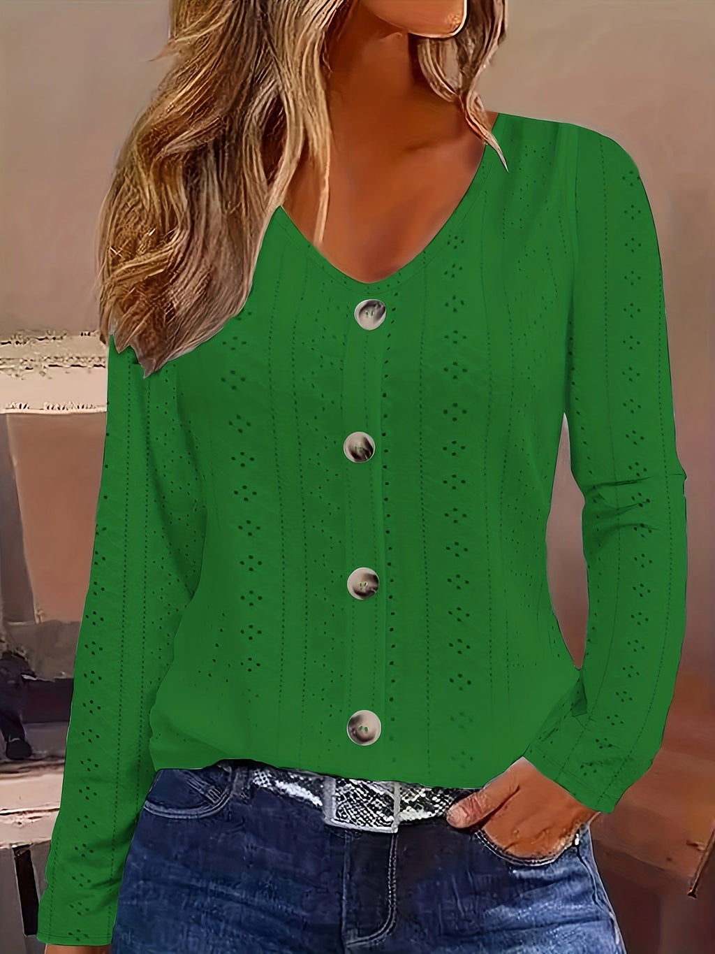 Women's Eyelet Solid V-Neck Button-Front Long Sleeve Blouse | Semi-Sheer Stretch Knit Casual Layering Top for Spring Summer Fall