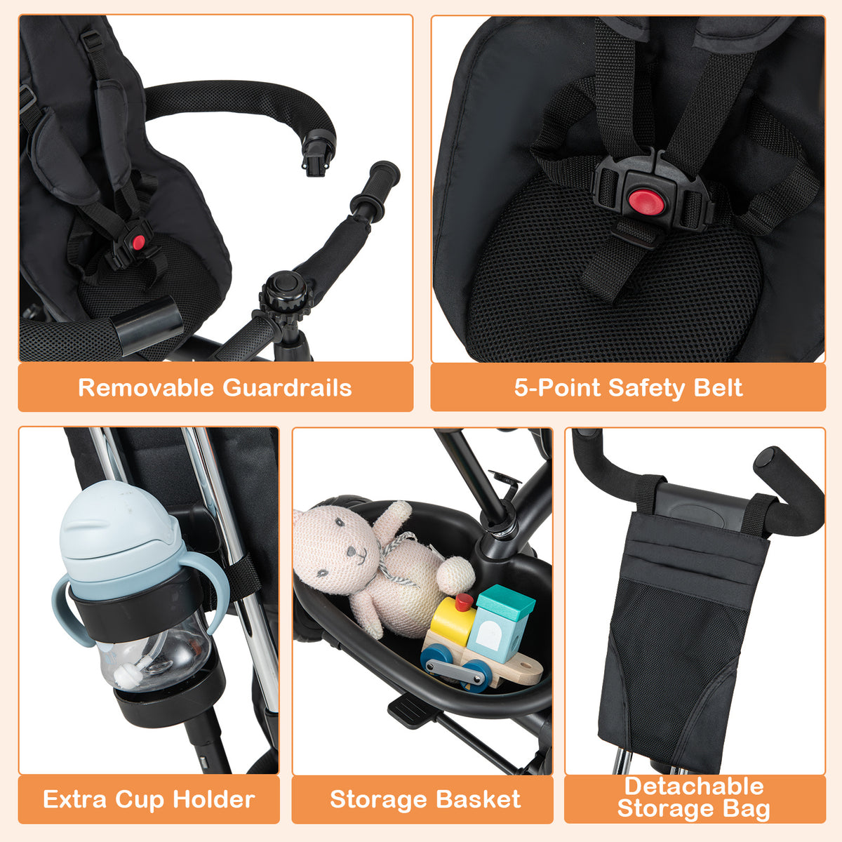 Foldable Tricycle Stroller, 4-in-1 Trike with Parent Push Handle, Removable Canopy, Reversible Seat, Safety Harness and Storage for Kids Age 10 Months to 5 Years Old, Black