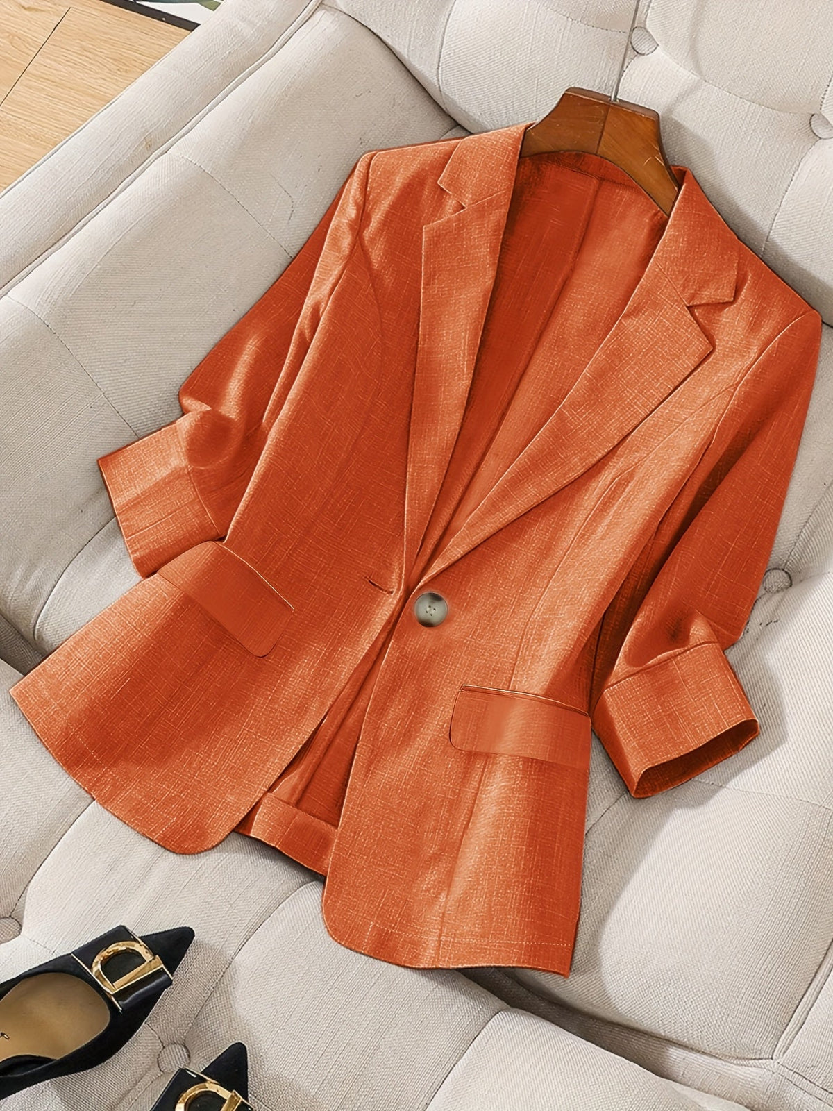 Women's Elegant Blazer Jacket 3/4 Sleeve Loose Fit Office Work Blazer Apricot Black Navy Olive Violet S M L XL XXL