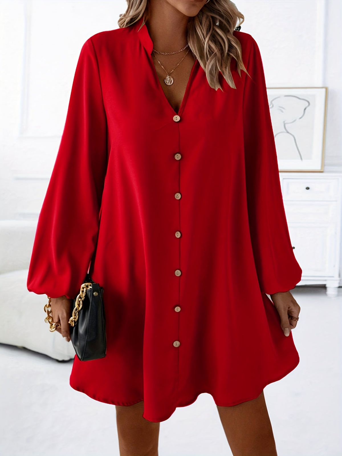 Women's V-Neck Long Sleeve A-Line Flared Dress Elegant Solid Color Single-Breasted Midi Dress for Spring Summer Party Casual