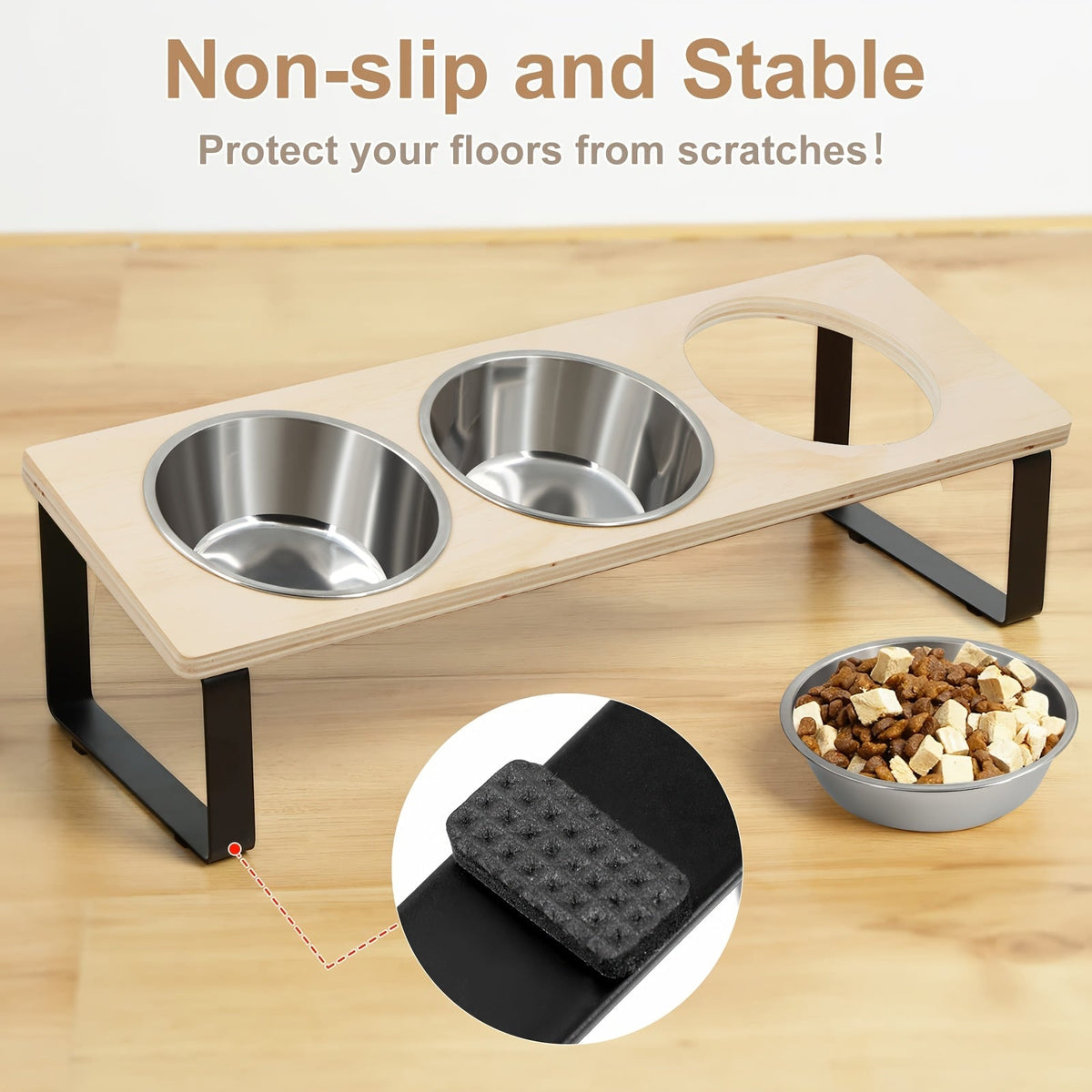Elevated Cat Bowls with 3 Stainless Steel Bowls - 15° Tilted Anti-Vomiting Raised Pet Feeder Stand for Cats & Small Dogs, Whisker-Friendly Angled Food & Water Dish Set, Modern Pet Feeding Accessory