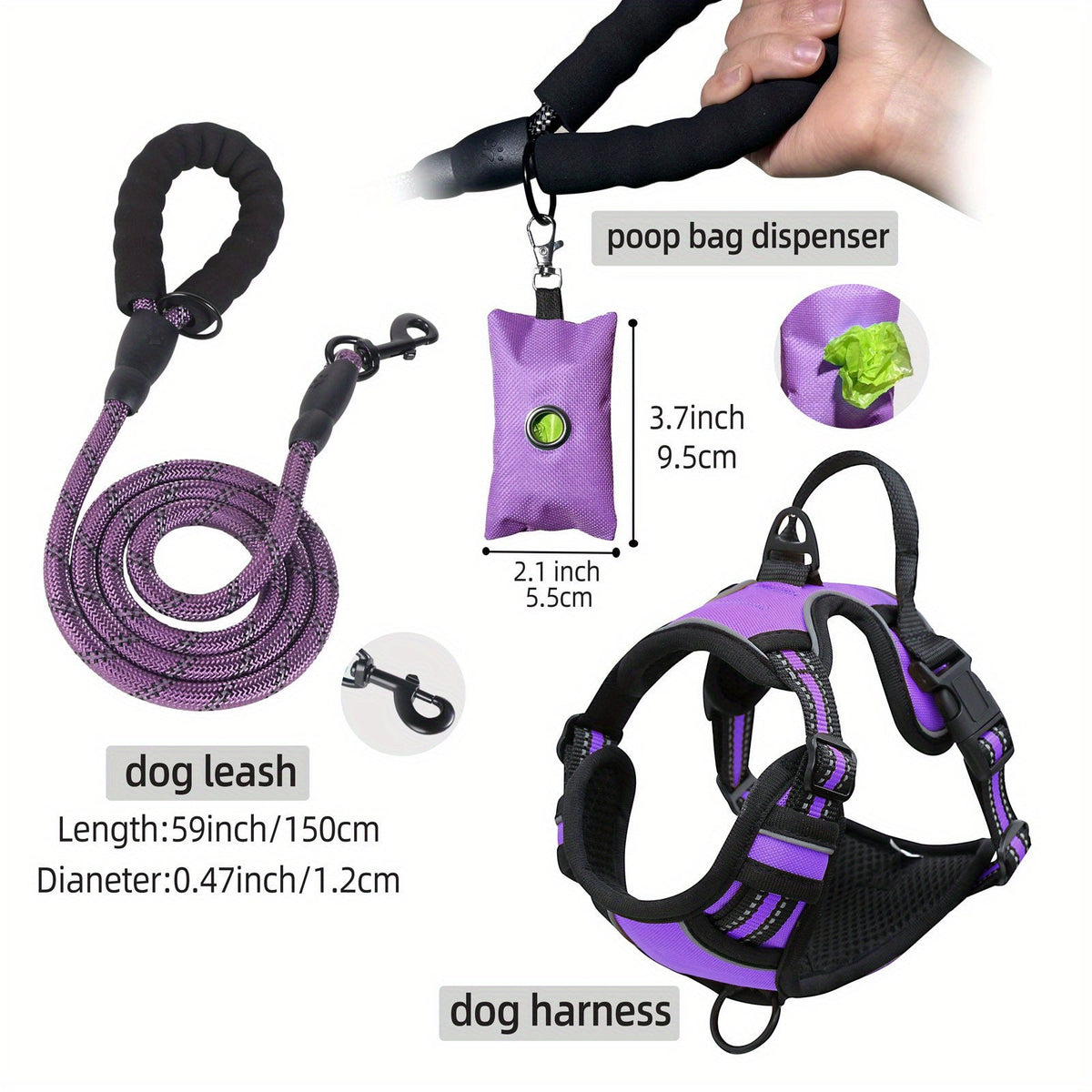 Dog Harness Leash and Poop Bag Dispenser Set 3-Piece Escape-Proof Adjustable Breathable Vest Harness for Medium Large Dogs with Reflective Strips – No-Pull Padded Dog Walking Kit with Waste Bag Holder