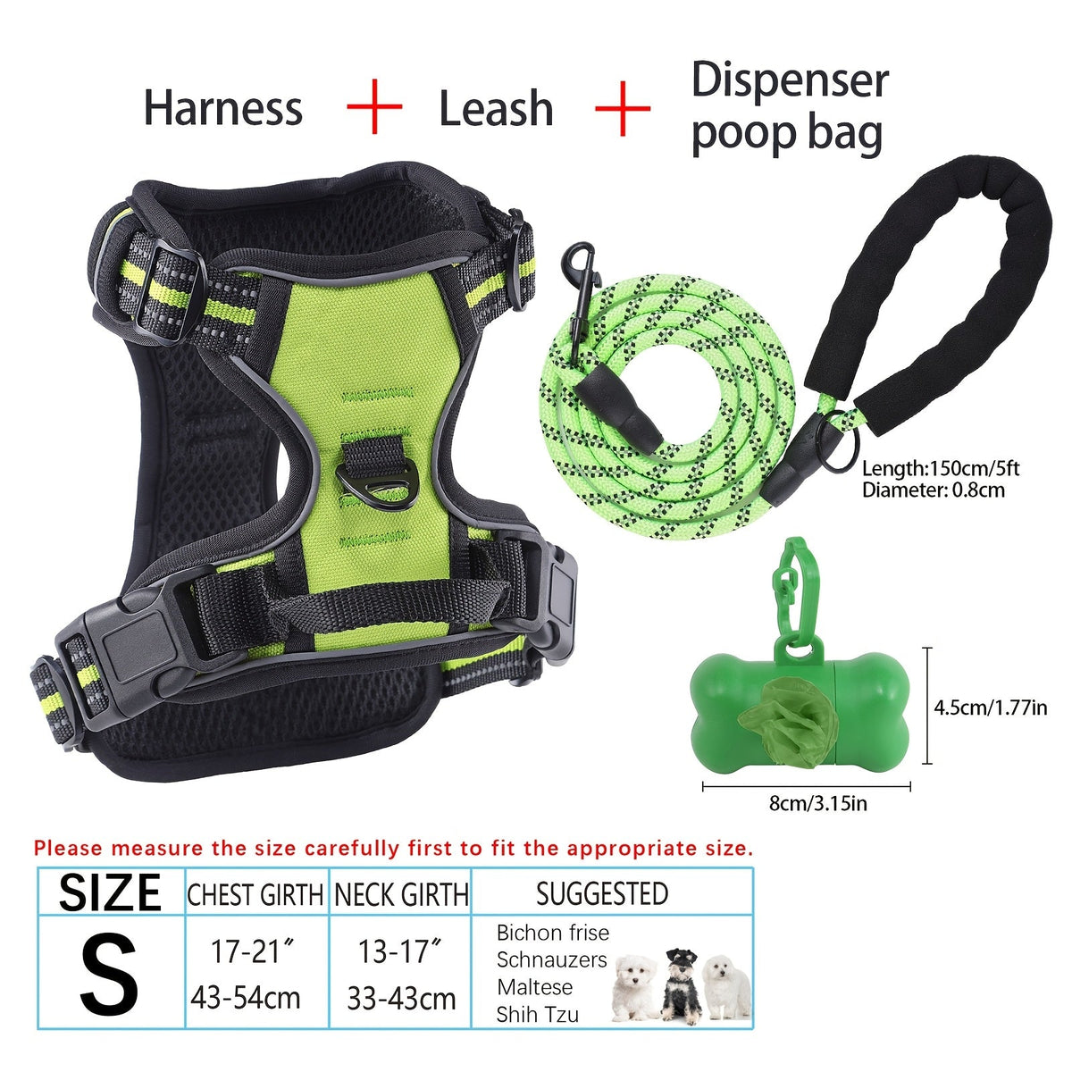 4-Piece Dog Harness and Leash Set No-Pull No-Choke Reflective Oxford Vest Harness with Leash Poop Bag Dispenser Easy Control Handle for Medium Large Dogs Outdoor Training Walking