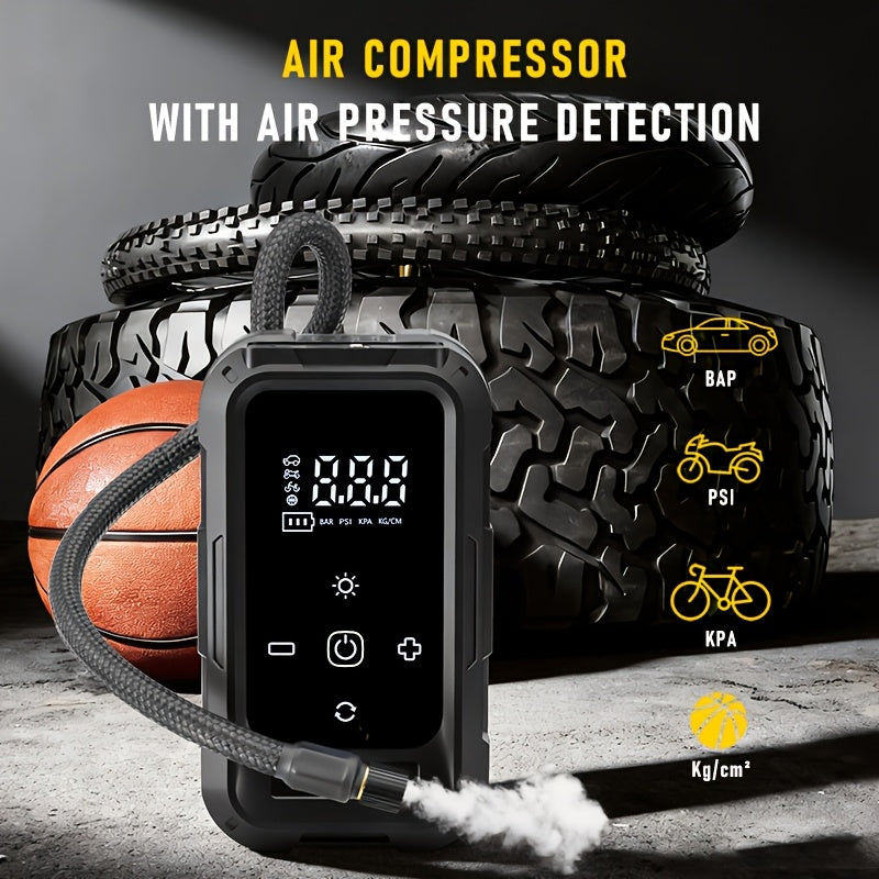 Portable Cordless Tire Inflator – Smart Wireless Air Compressor with Digital Tire Pressure Gauge & LED Light for Cars, Motorcycles, Bicycles & Balls, Type-C Fast Charging