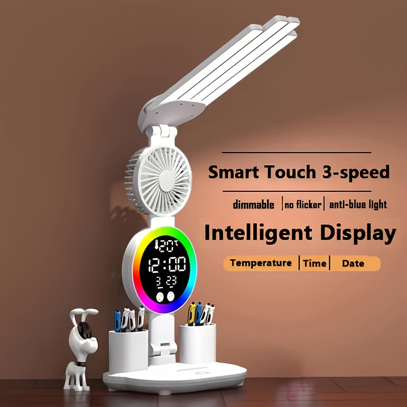 Smart Touch LED Desk Lamp with USB Port Dual-Head Dimmable Color-Changing Reading Light with Built-In Fan and Night Light Eye-Friendly for Home Office Dorm Study No Battery Required
