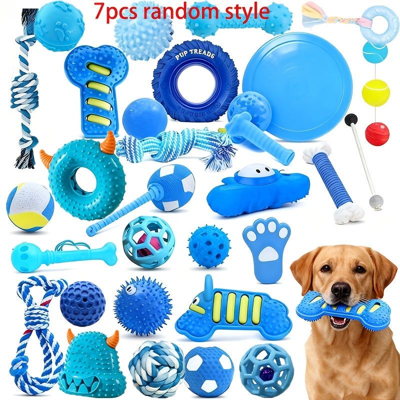 7-Piece Blue Series Dog Chew Toy Set for Small Dogs – Durable Chew-Resistant Pet Toys, Assorted Squeaky & Textured Dog Toys for Teething, Boredom & Interactive Play, Random Styles