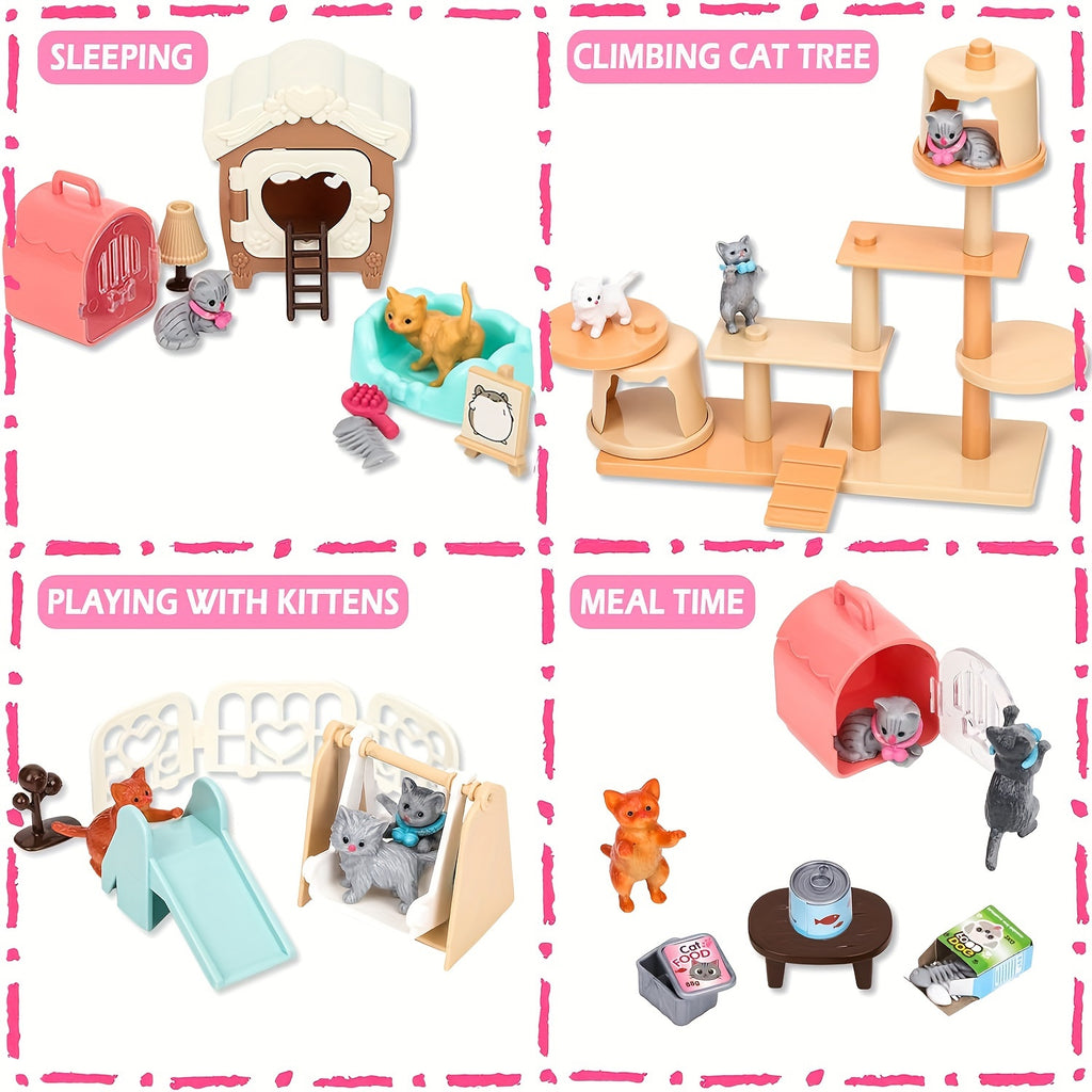 Cat Figures Playset Toys for Kids - Interactive Kitten Role Play Care Center for Girls & Boys Ages 3 4 5 6, Realistic Pretend Play Cat Set with Accessories, Birthday Gift for Cat Lovers