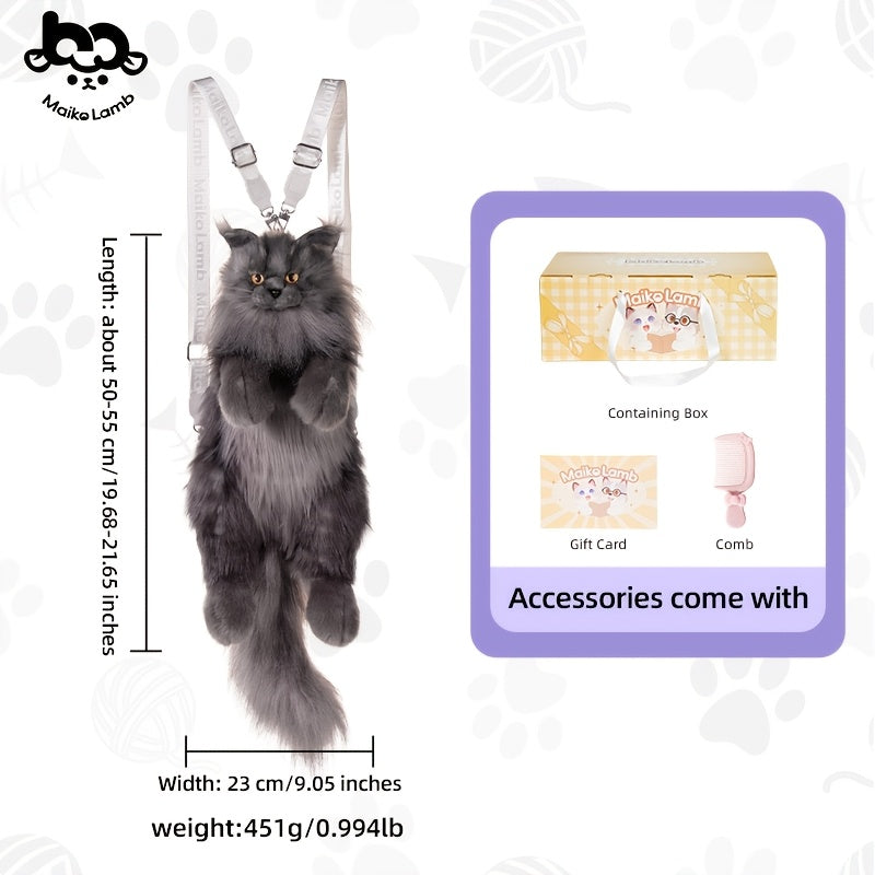 Realistic Black Maine Coon Cat Plush Backpack - Cute Animal-Shaped Handmade Soft Polyester Large Capacity Bag with Gift Box & Comb | Birthday Halloween Christmas Gift for Girls & Cat Lovers