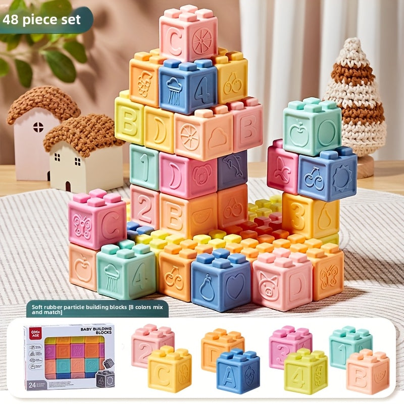 Soft Rubber Baby Building Blocks for Infants & Toddlers – Chewable BPA-Free Sensory Stacking Toy for Grasping & Cognitive Development – 16, 24 or 48 Pieces – Ages 0-6 Months, 6-12 Months & 1-2 Years