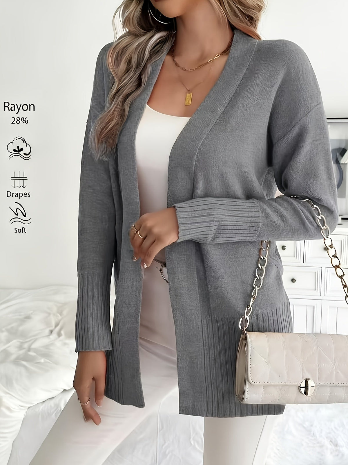 Women's V-Neck Drop Shoulder Long Cardigan Sweater – Loose Fit Soft Knit in 16 Colors for Autumn & Winter, 46% Acrylic 28% Viscose 26% Nylon