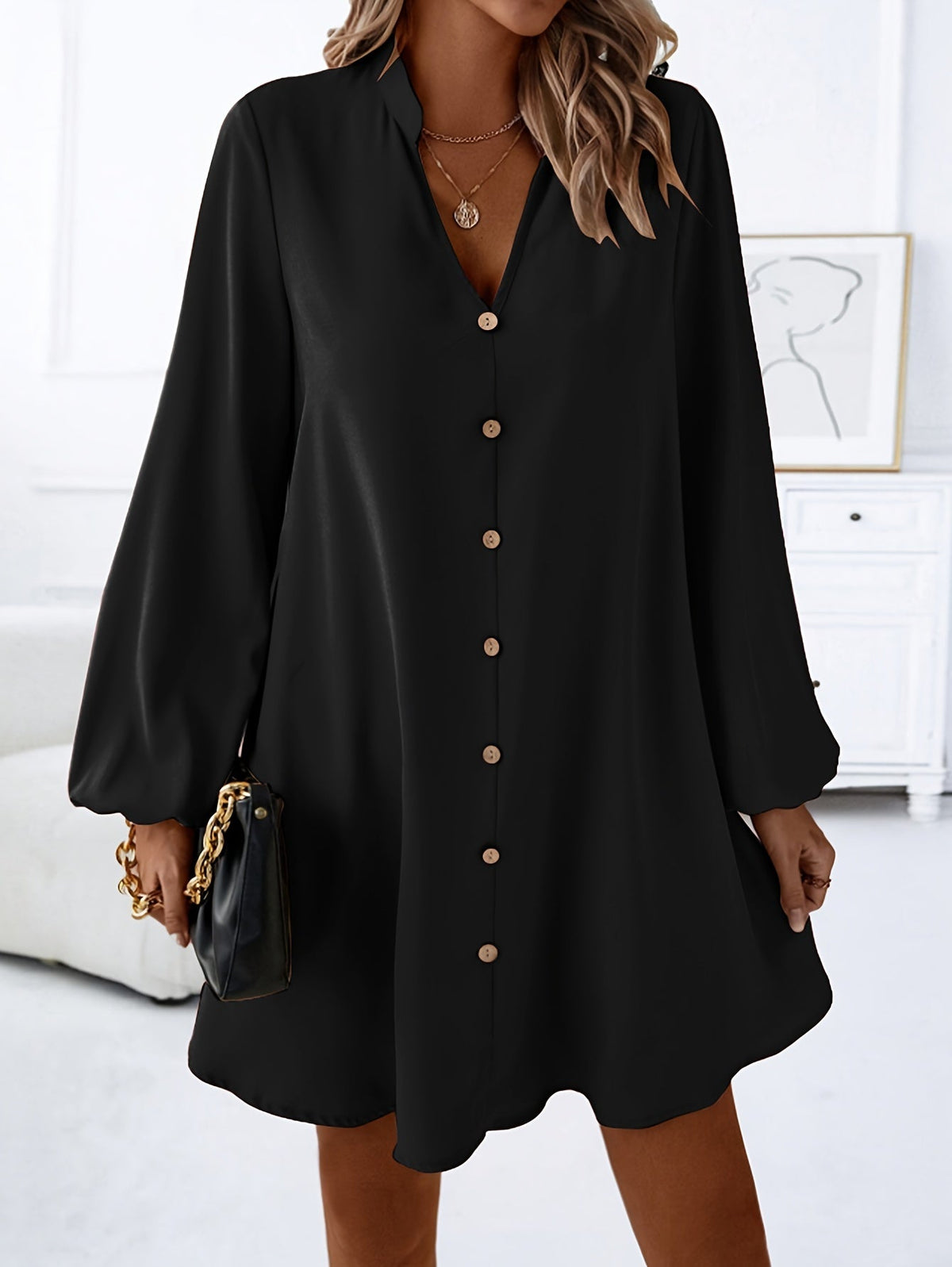 Women's V-Neck Long Sleeve A-Line Flared Dress Elegant Solid Color Single-Breasted Midi Dress for Spring Summer Party Casual