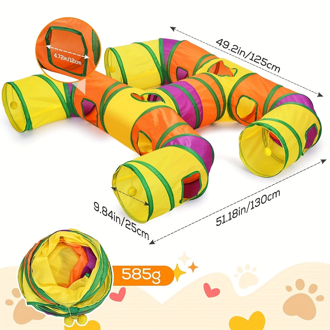 Collapsible Cat Tunnel H-Shape 4-Way with Interactive Play Balls – Washable Tear-Resistant Cat Tube for Indoor Play & Hide-and-Seek, Durable Kitten Entertainment Toy, Iridescent Rainbow & More Colors