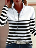 Striped Print Long Sleeve Zip Up Stand Collar T-Shirt Women Casual Top – Black Bars Red Blue Light Green Stripes S-XXL