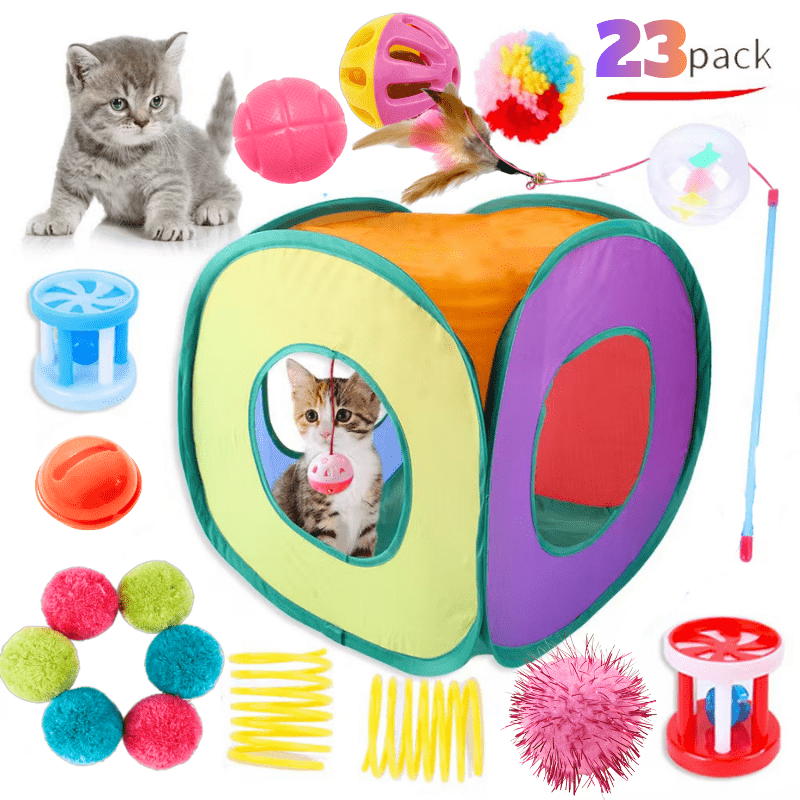 23 Piece Foldable Rainbow Cat Tunnel Toy Set for Kittens – Collapsible Square Tunnel, Teaser Wand, Jingle Balls & Interactive Cat Toys, Indoor Outdoor Pet Play Tent & Exercise Playground
