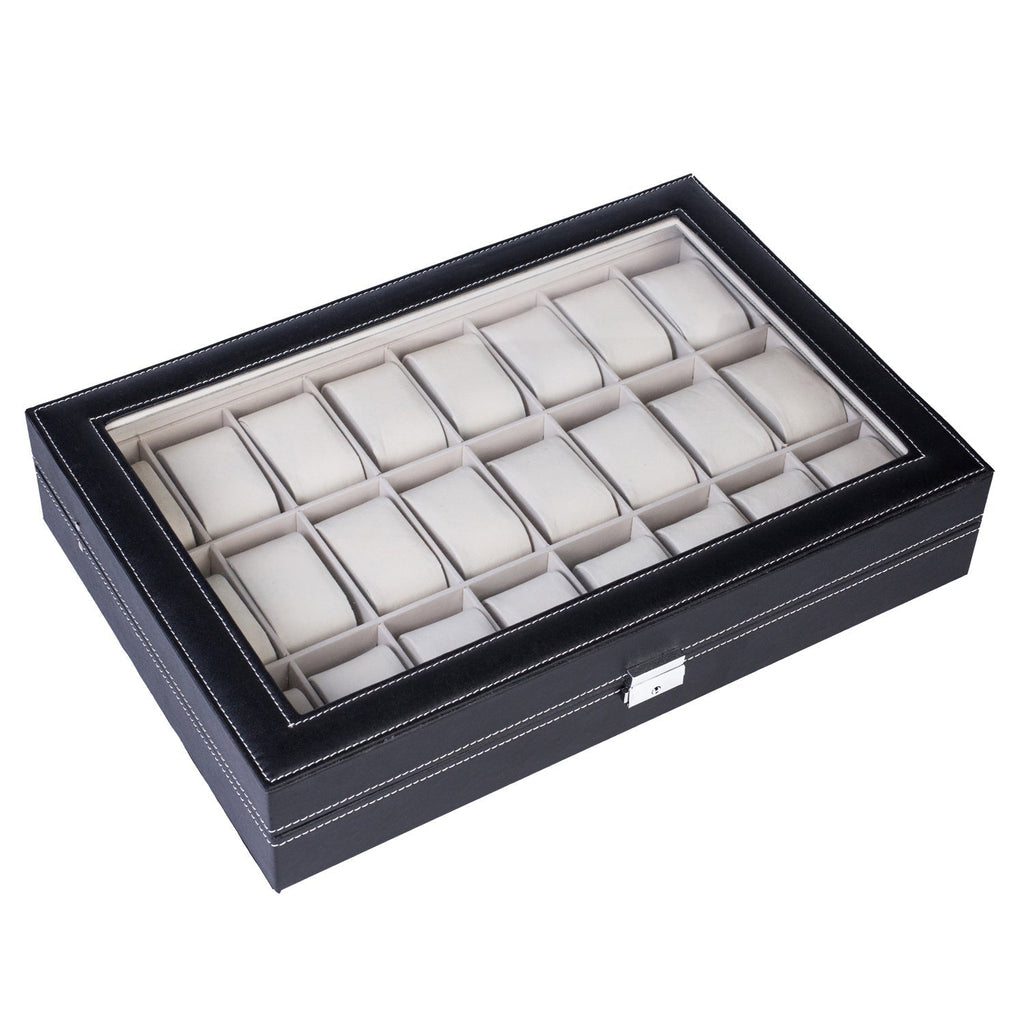 24-Slot Leather Watch Box Organizer – Large Capacity Watch Display Case with Top-Opening Lid, Lockable Storage for Men & Women, Elegant Black PU Leather Watch Collector Gift