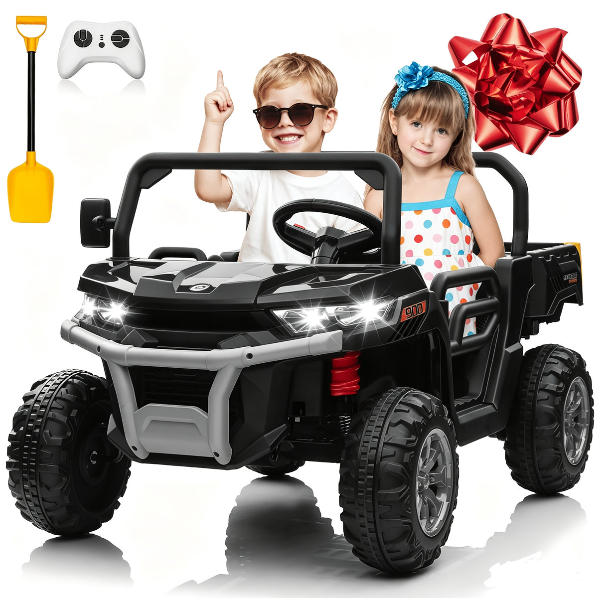 24V Kids Ride-On Dump Truck with Motorized Lifting Bed, Detachable Trailer & Bluetooth Music – Electric Quad Vehicle for Boys & Girls Ages 3-8, Forward/Reverse, Wear-Resistant Wheels