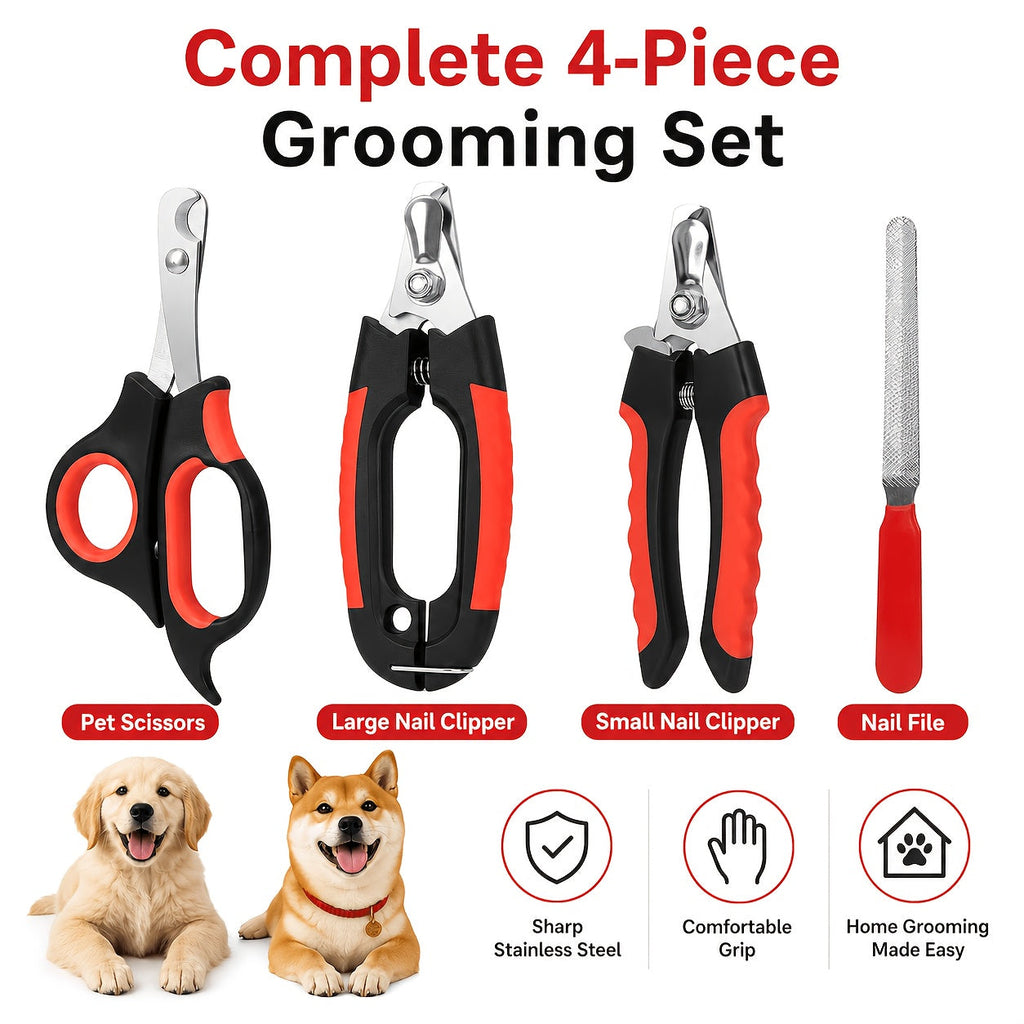 Pet Nail Clipper & Grooming Set 4 Piece - Stainless Steel Dog Cat Nail Trimmer Kit with Large & Small Clippers, Scissors & Nail File, Professional Paw Care Tools for Dogs & Cats