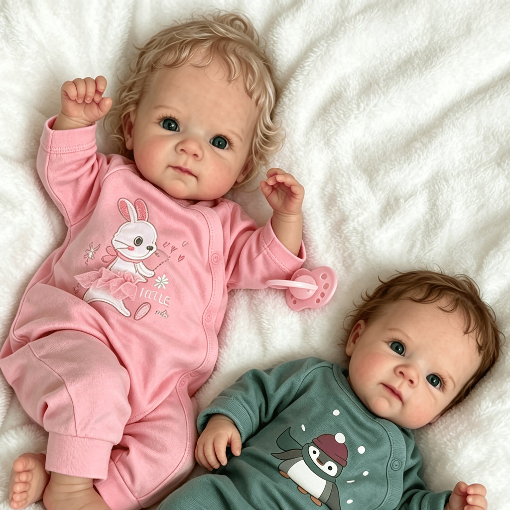 Lifelooking 18-Inch Reborn Baby Twins Set – Realistic Newborn Dolls with Soft Full Vinyl Body, Implanted Curly Hair, Pacifiers, Diapers & Birth Certificates, Role Play Gift for Kids Ages 3+