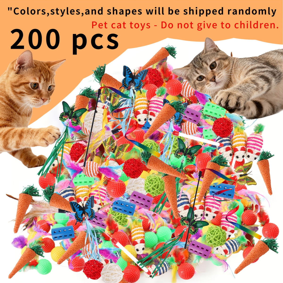 Mixed Cat Toy Set 16/32/64/200pcs - Assorted Interactive Plastic Feather & Polyester Toys for Cats, Random Colors & Styles, Bulk Cat Toys for Multiple Cats & Kittens, Daily Playtime Variety Pack