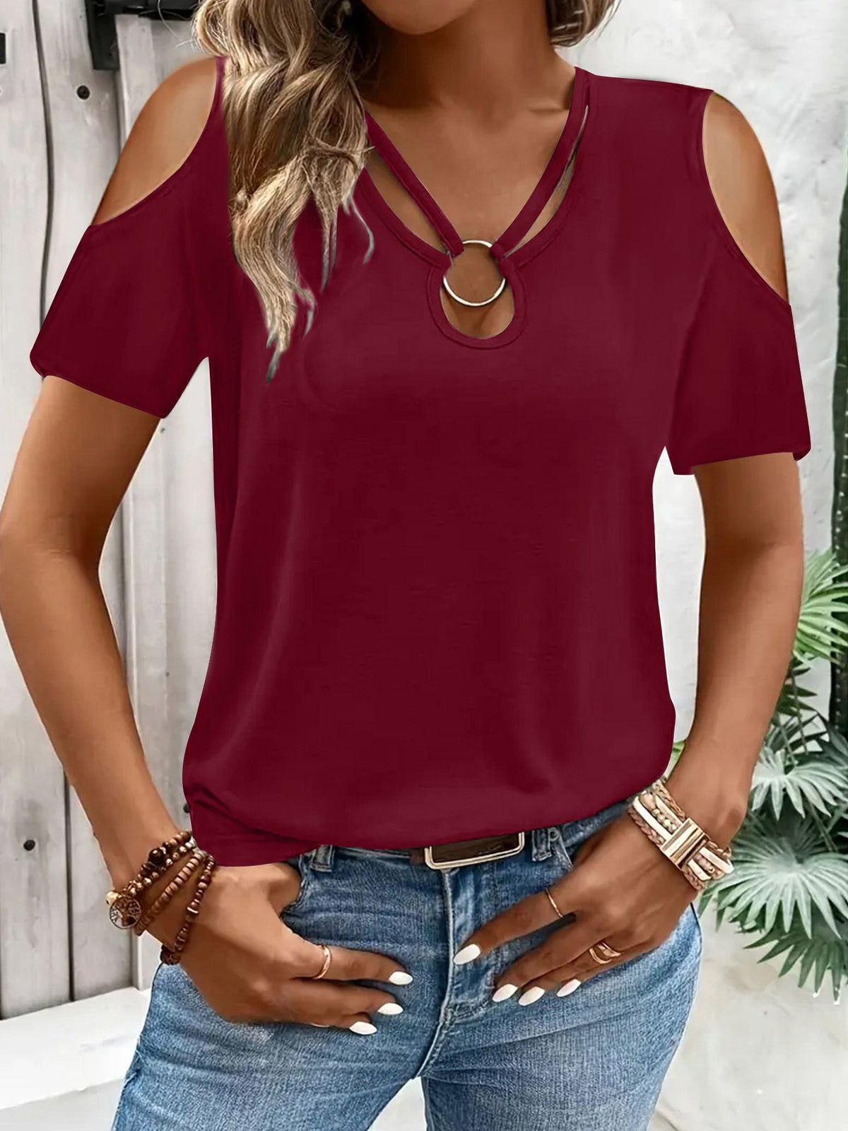 Women Off Shoulder Short Sleeve T-Shirt Solid Color Crew Neck Stretch Knit Spring Summer Casual Top Black White Burgundy Blue Olive Green Chocolate S M L XL XXL