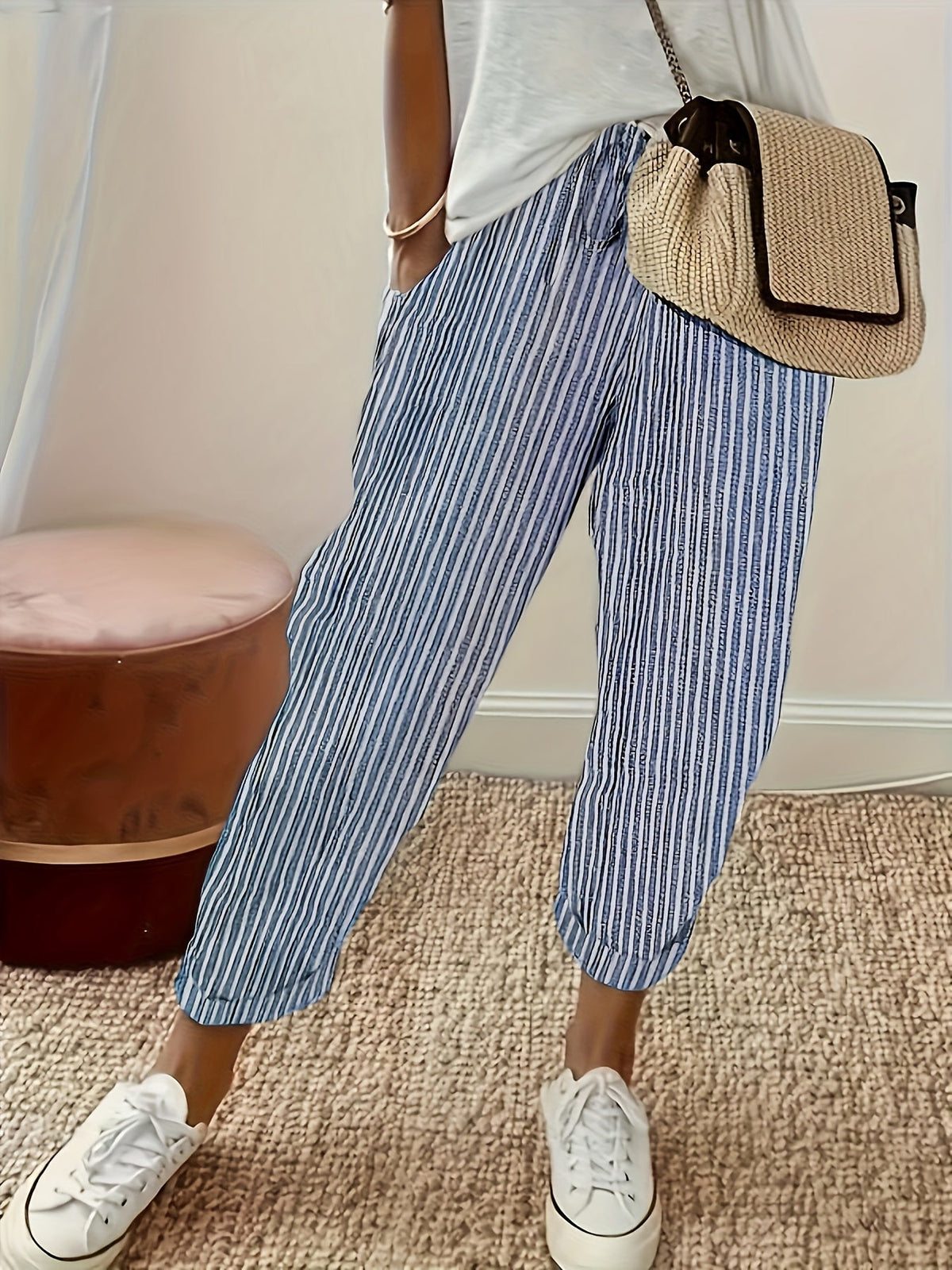Women's Wide Leg Striped Pants Casual Loose Fit Side Stripe Lightweight Polyester Trousers for Women - Comfortable All-Season Fashion Pants S M L XL XXL Multiple Colors