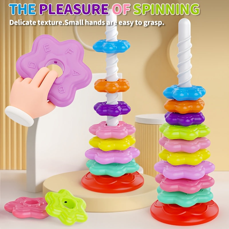 Rainbow Spinning Stacking Tower Toy for Toddlers – 10-Piece Rotating Ring Toss Matching Game for Color Recognition & Cognitive Development | Multicolor Educational STEM Gift for Kids Ages 1-3