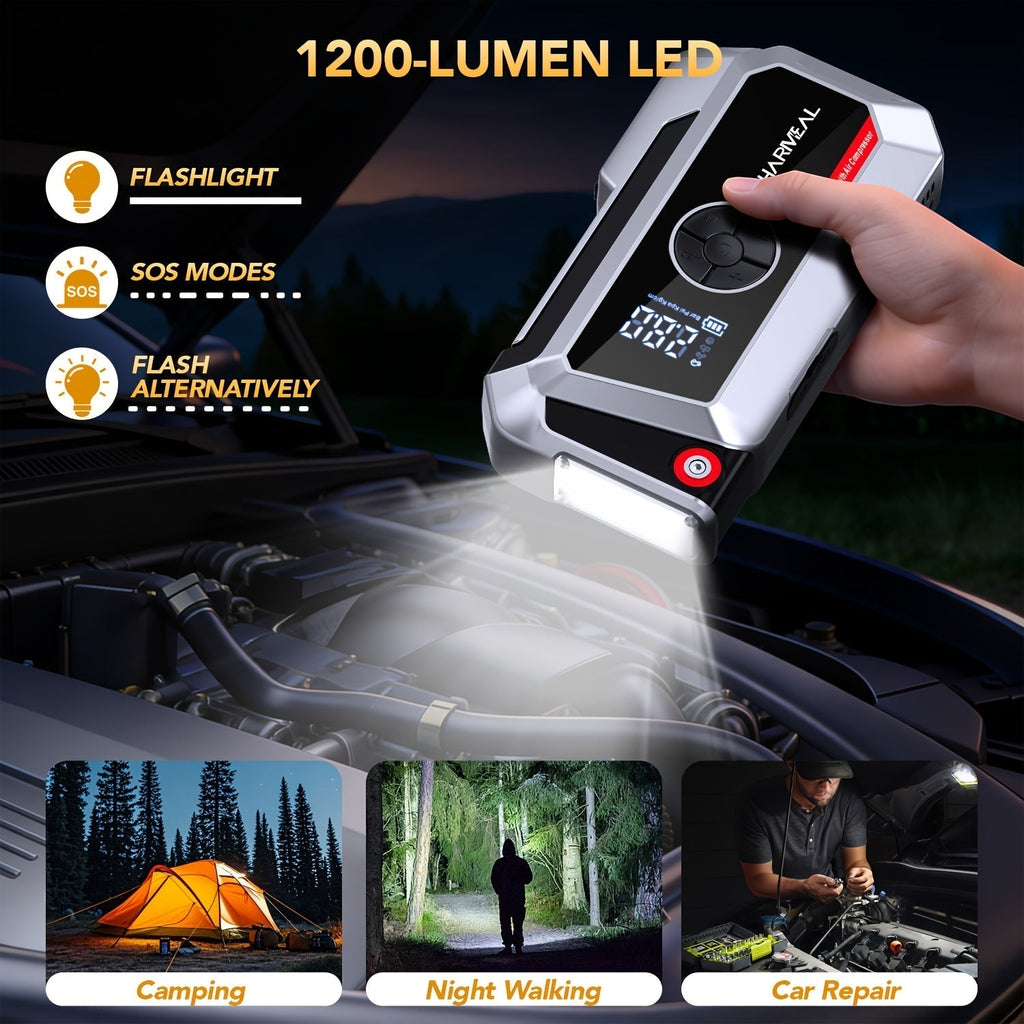 20000A Car Jump Starter with Air Compressor 18-in-1 Portable Power Pack – Smart Jumper Cables Quick Charge LED Light Large Display for All Gas & Diesel Engines, Emergency Car Battery Booster