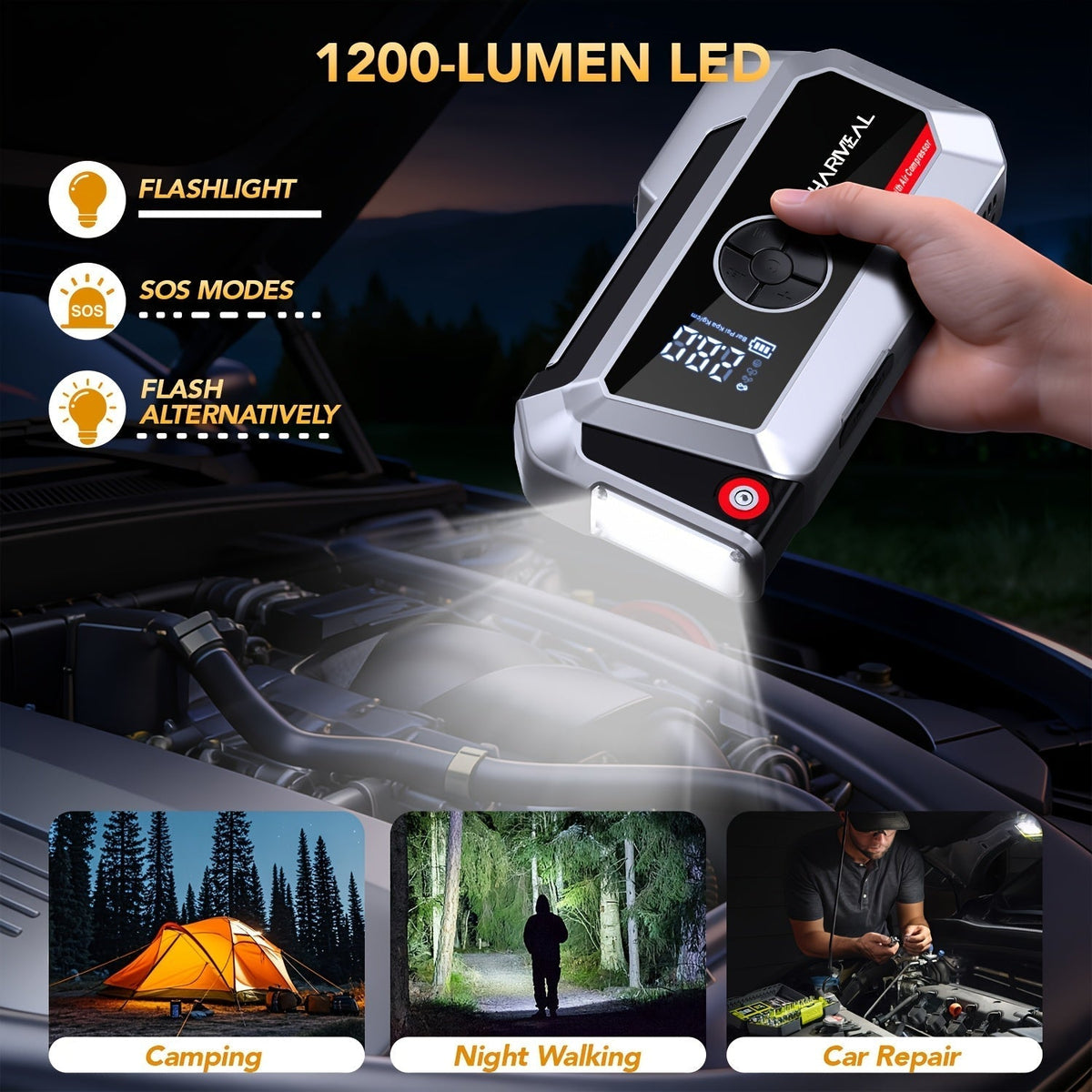 20000A Car Jump Starter with Air Compressor 18-in-1 Portable Power Pack – Smart Jumper Cables Quick Charge LED Light Large Display for All Gas & Diesel Engines, Emergency Car Battery Booster