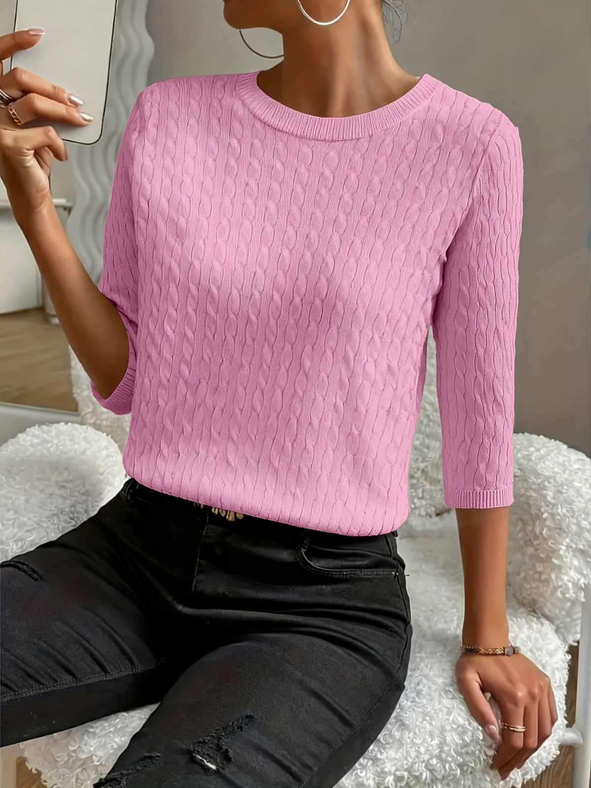 Women's Ribbed Three-Quarter Sleeve Pullover Sweater – Round Neck Solid Color Knit Top for Fall & Winter, Soft Stretch Versatile Everyday Style