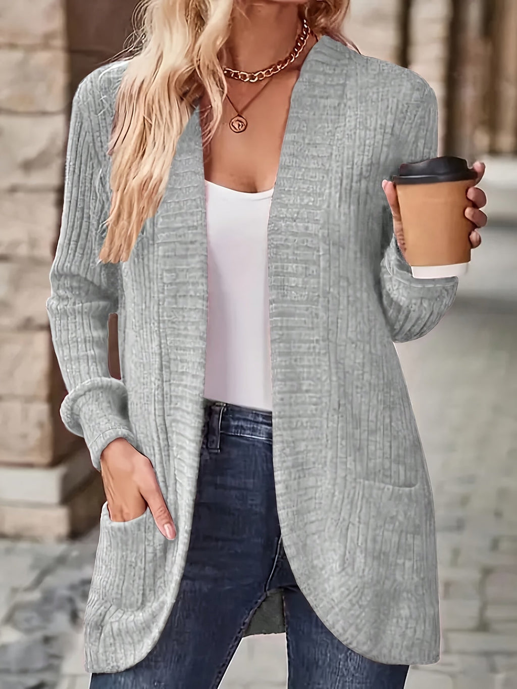 Women Open Front Cardigan Jacket with Pockets Long Sleeve Solid Color Casual Knit Coat Light Grey Black S M L XL Lightweight Layering Outerwear