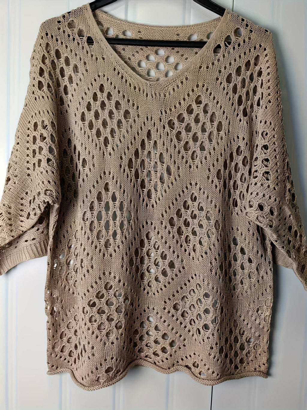 Bohemian V-Neck Openwork Sweater Women 3/4 Sleeve Lightweight Pullover Spring Summer Fall Casual Tops US Warehouse