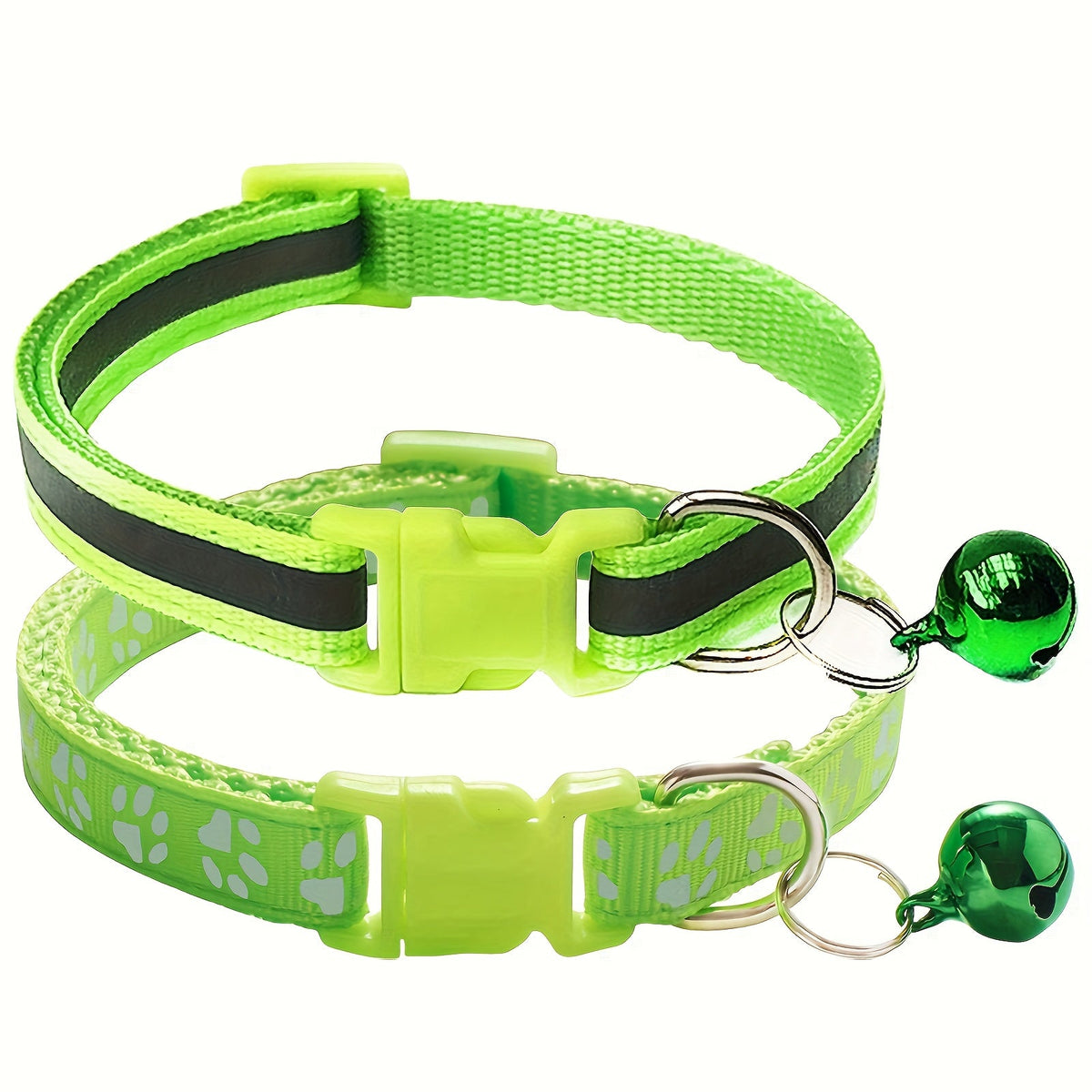 Reflective Pet Collar with Bell 2pcs Set - Adjustable Striped Polyester Cat & Dog Collar with Paw Print Design, Safety Breakaway Buckle, 10 Colors for Small Dogs and Cats, One Size