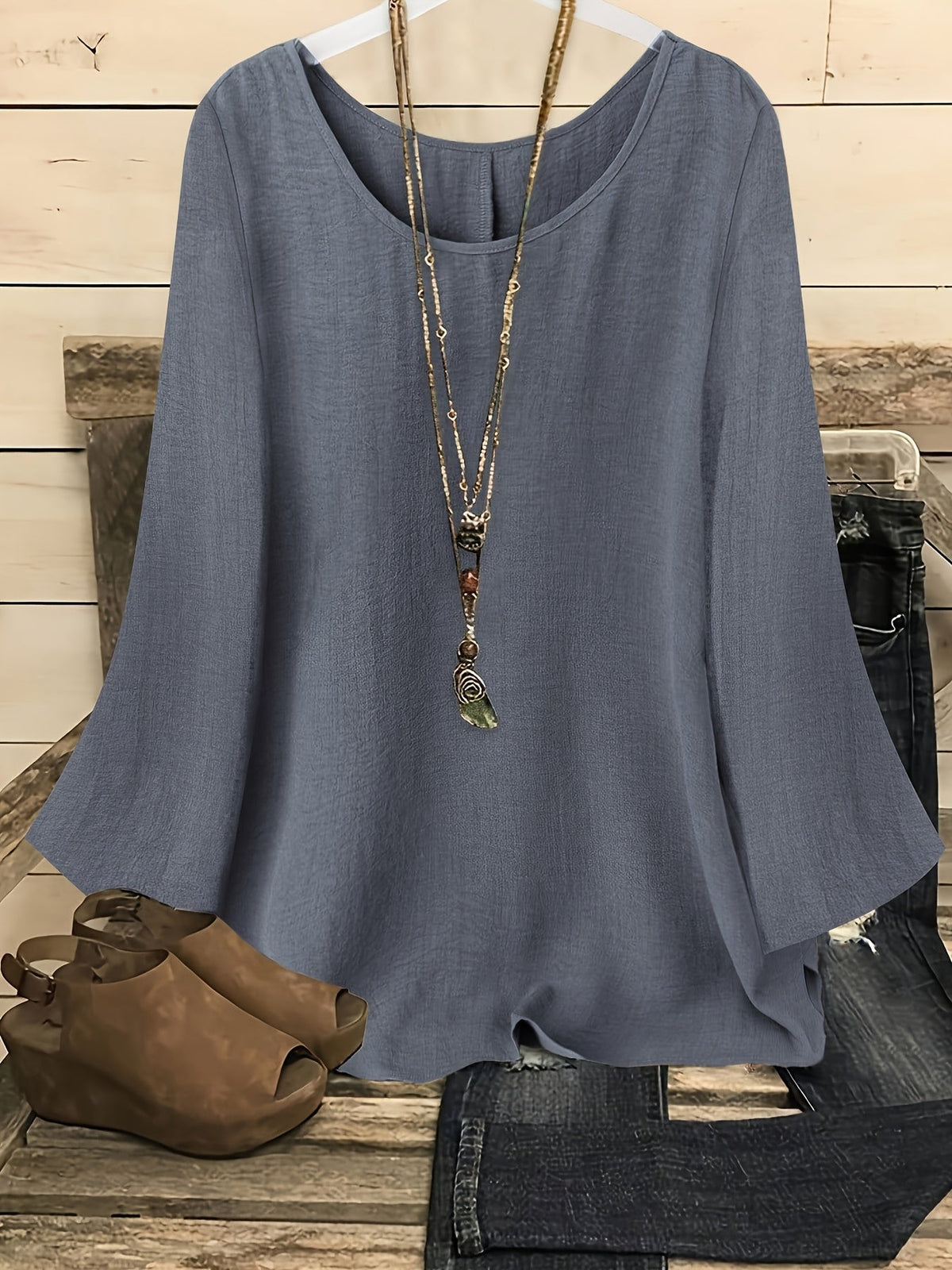 Women's Flared Long Sleeve Crew Neck Solid Shirt Casual Western Blouse Top S-XXL Multiple Colors