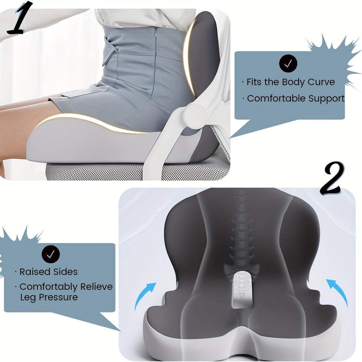 Ergonomic Memory Foam Seat Cushion with Back Support – Non-Slip Office Chair Gaming Chair Car Seat Pad for Hip & Tailbone Pain Relief, Long Sitting Comfort
