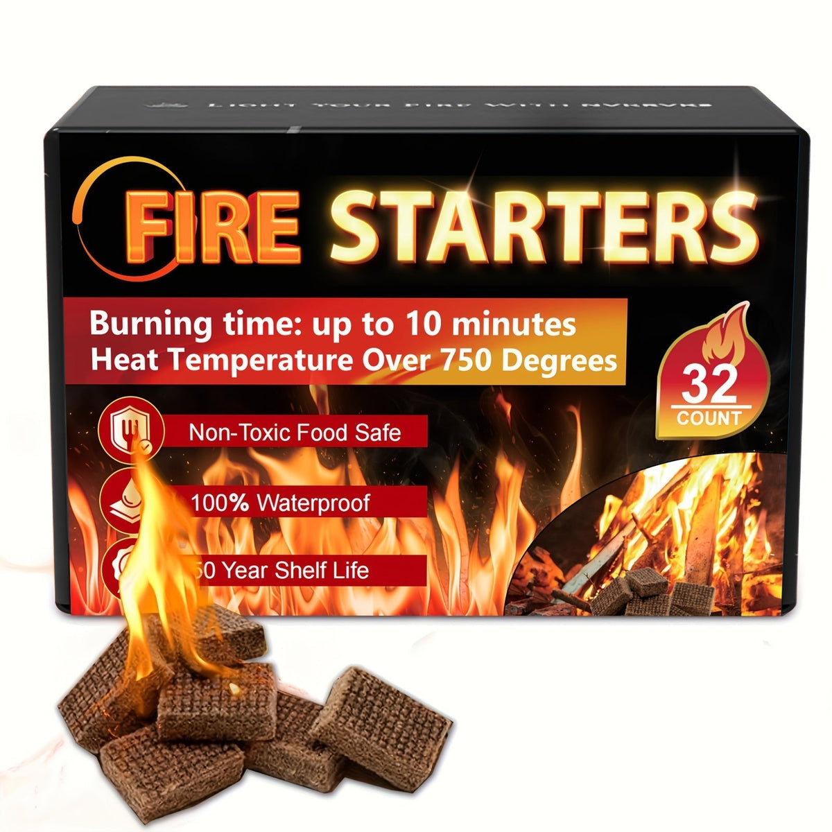 Fire Starter Squares – Waterproof Odorless Charcoal Firestarter Cubes for Campfire, BBQ, Grill, Fireplace & Wood Stove, No Kindling Needed, 32/64/128/192 Piece Packs