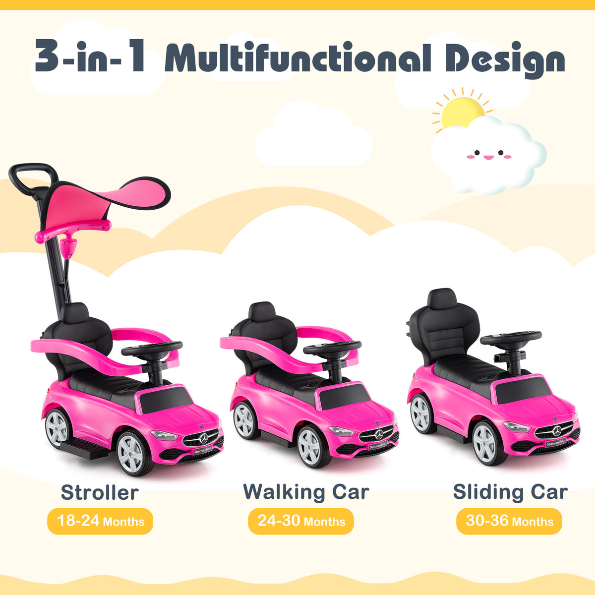 Mercedes-Benz Licensed 3-in-1 Ride-On Push Car for Toddlers 18-36 Months, Kids Sliding Car with Steering Wheel Sound, Push Bar, Adjustable Canopy & Under-Seat Storage - Pink Baby Walker Stroller Gift
