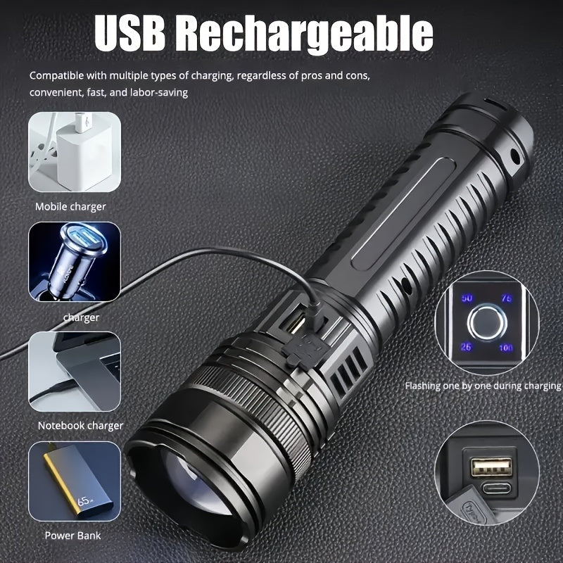 Extra-Large USB Rechargeable Flashlight with COB Tail Light – 5 Adjustable Modes Zoomable Focus & Power Bank Function, Super Bright Handheld Torch for Emergencies Hiking Camping & Outdoor Adventures