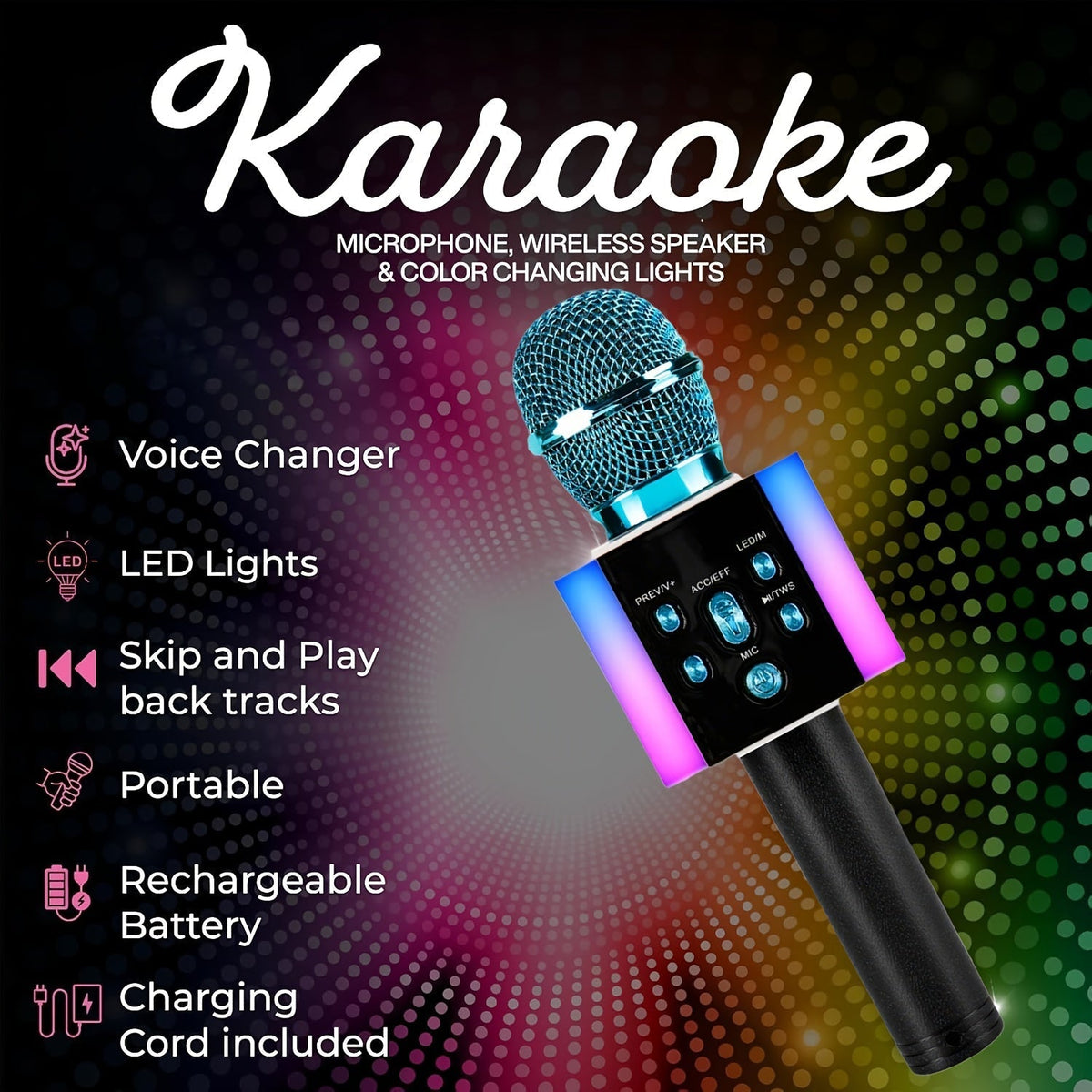 5-in-1 Wireless Karaoke Microphone with Built-In Speaker, LED Lights & Voice Changer – Portable Bluetooth Singing Mic for Parties, Family Gatherings, Travel & Outdoor Fun, 10 Colors