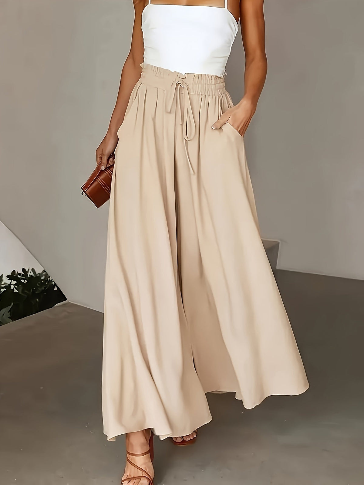 Women's High-Waist Wide-Leg Pants – Elegant Loose Fit Solid Color Flowy Trousers with Pockets for Spring Summer Office Casual