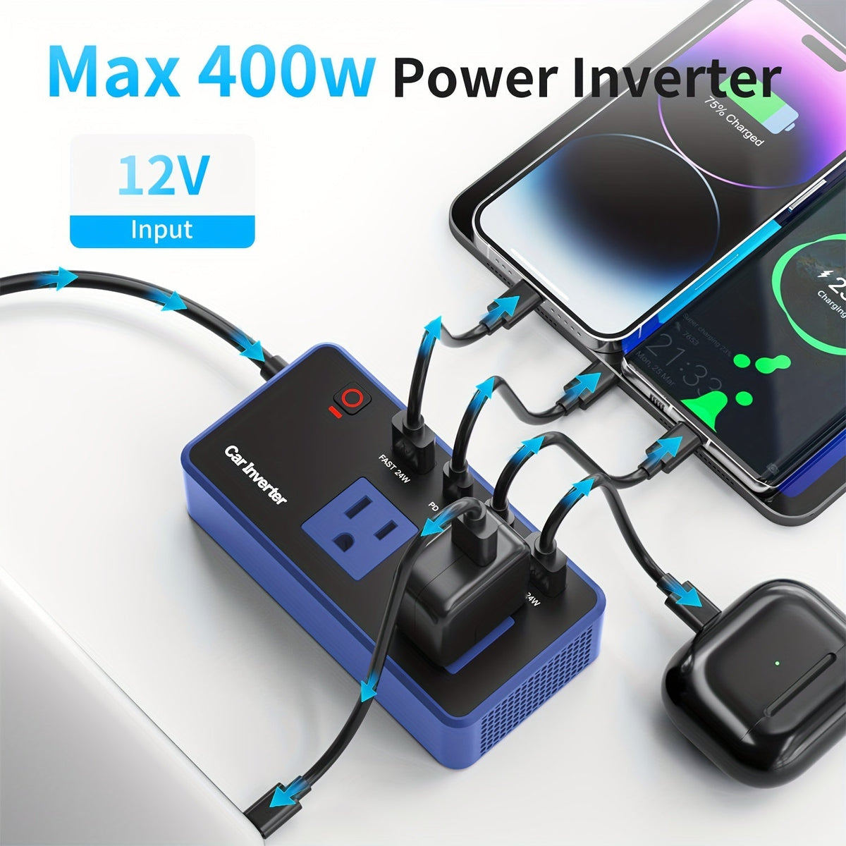 200W Car Power Inverter 12V to 110V AC – USB-C PD 24W Fast Charging, QC3.0 Dual USB Ports, Multi-Protection Car Charger Adapter for Laptop Phone Travel Road Trip