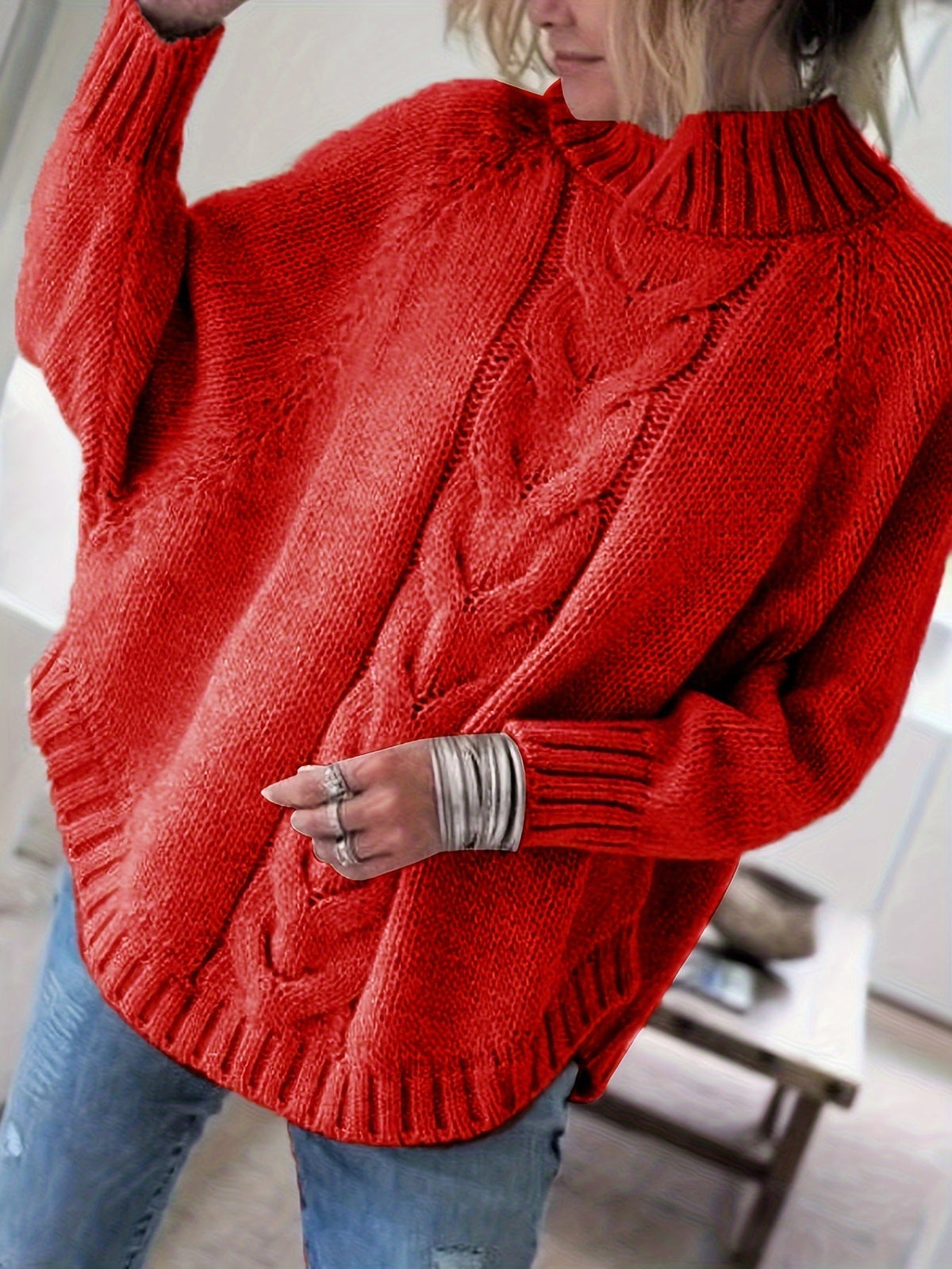 Women's Oversized Cable Knit Turtleneck Sweater Chunky Pullover Loose Fit Flared Hem Cozy Winter Knit Jumper 5 Colors S-XXL