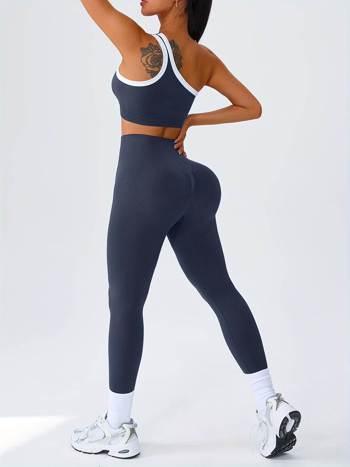 Women's 2-Piece High-Waisted Butt-Lifting Leggings & Sports Bra Set – 90% Polyamide Stretchy Minimalist Yoga Running Workout Outfit with Camisole Top, Solid Color, S-XL
