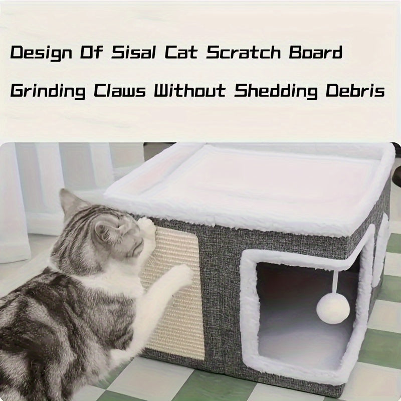 Foldable Multi-Layer Cat House with 2-Tier Bed Toy Tunnel Scratching Post Plush Hanging Ball and Cozy Mat Indoor Cat Cube Enclosure Nylon Frame Canvas All-Season Cat Furniture