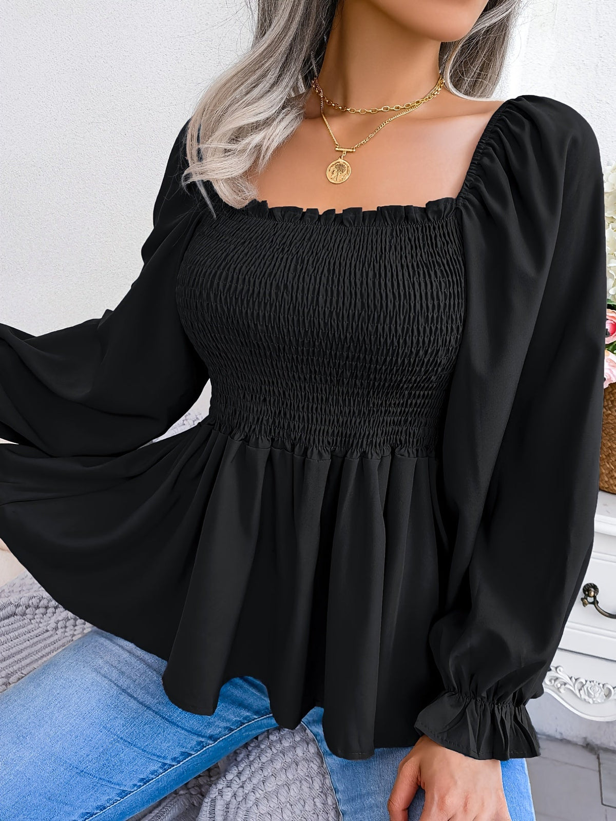 Women's Square Neck Chiffon Blouse Flutter Sleeve Ruffle Hem Top | Casual Long Flared Sleeve Solid Color Woven Polyester Shirt S M L XL