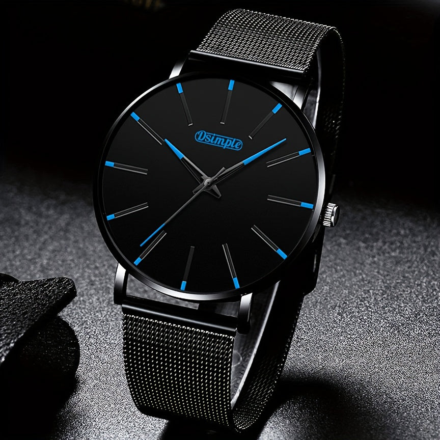 Men's Classic Quartz Watch with Stainless Steel Mesh Band – Black Dial Analog Digital Display, Date Day Stopwatch Chronograph, Scratch-Resistant Glass, Elegant Minimalist Dress Watch for Everyday Formal Wear, 5 Colors