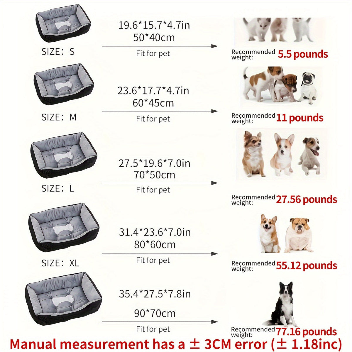 All-Season Dog & Cat Bed with High-Rebound PP Filling – Orthopedic Plush Pet Mattress for Small Medium Large Dogs and Cats, 5 Sizes, Calming Anti-Anxiety Washable Pet Bed