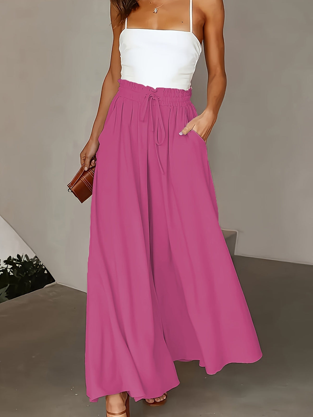 Women's High-Waist Wide-Leg Pants – Elegant Loose Fit Solid Color Flowy Trousers with Pockets for Spring Summer Office Casual
