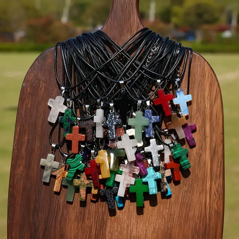 50-Piece Natural Stone Cross Pendant DIY Jewelry Making Set – 25 Mixed Gemstone Cross Pendants & 25 Adjustable Black Faux Leather Necklaces, Bulk Craft Supplies for Necklaces, Bracelets & Earrings