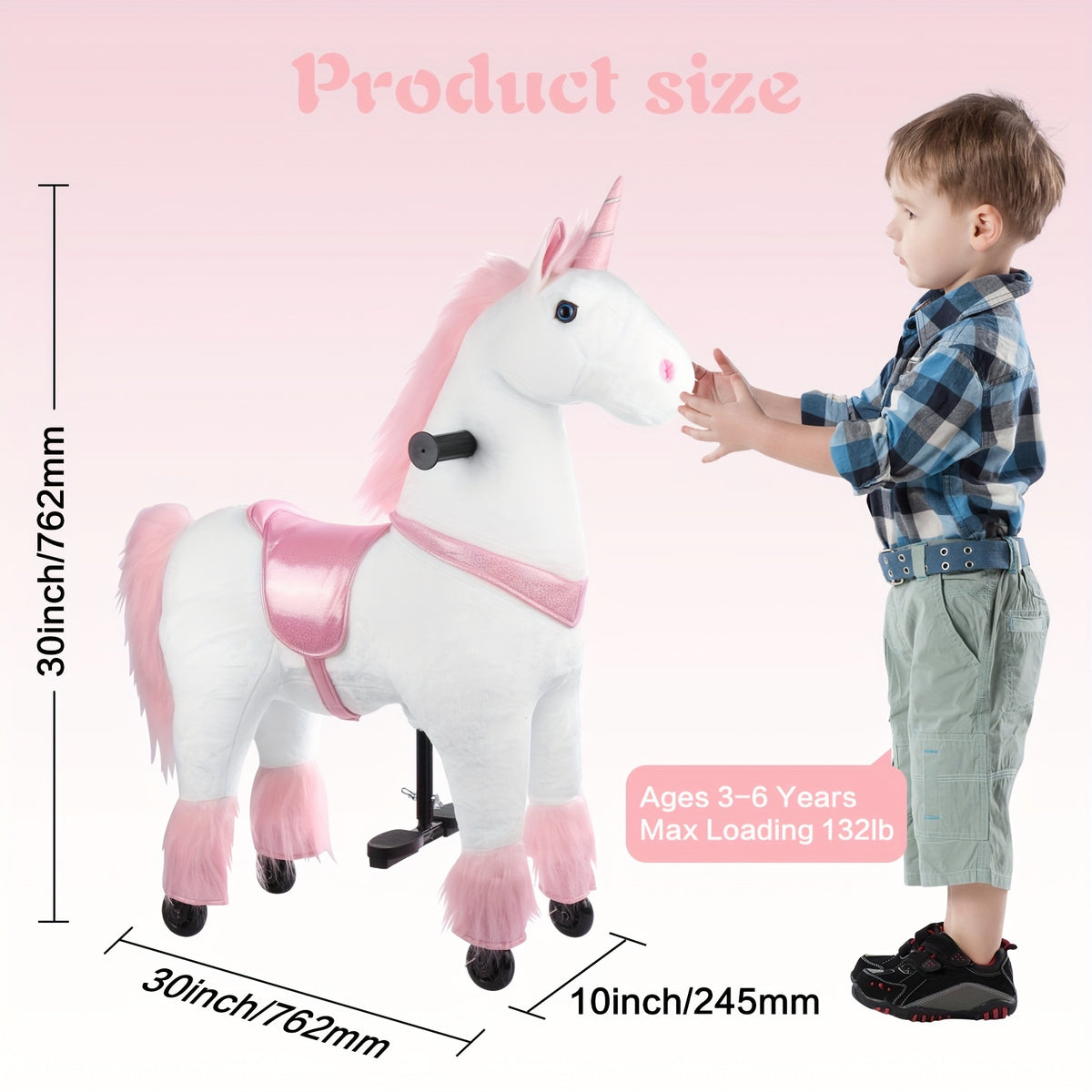Kids Ride On Unicorn Horse Toy with Wheels, Plush Walking Animal, No Battery Required, Sizes S and M for Ages 3 to 9, Pink Unicorn, White Unicorn, Birthday Christmas Gift for Boys Girls