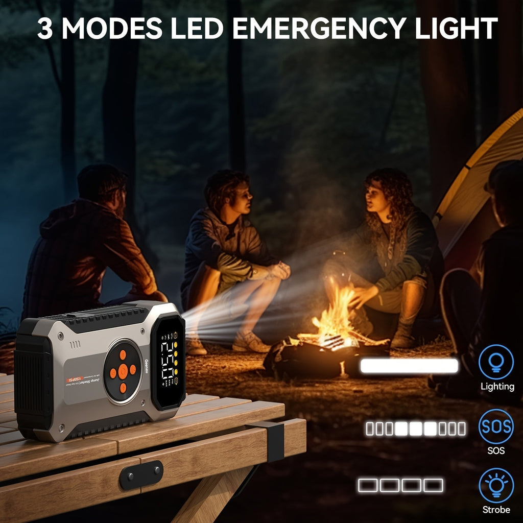 4000A Car Jump Starter with Air Compressor & Tire Inflator – All-in-One Portable Battery Booster for Gas & Diesel Engines, LED Light USB Power Bank Digital Display, Compact Emergency Car Starter